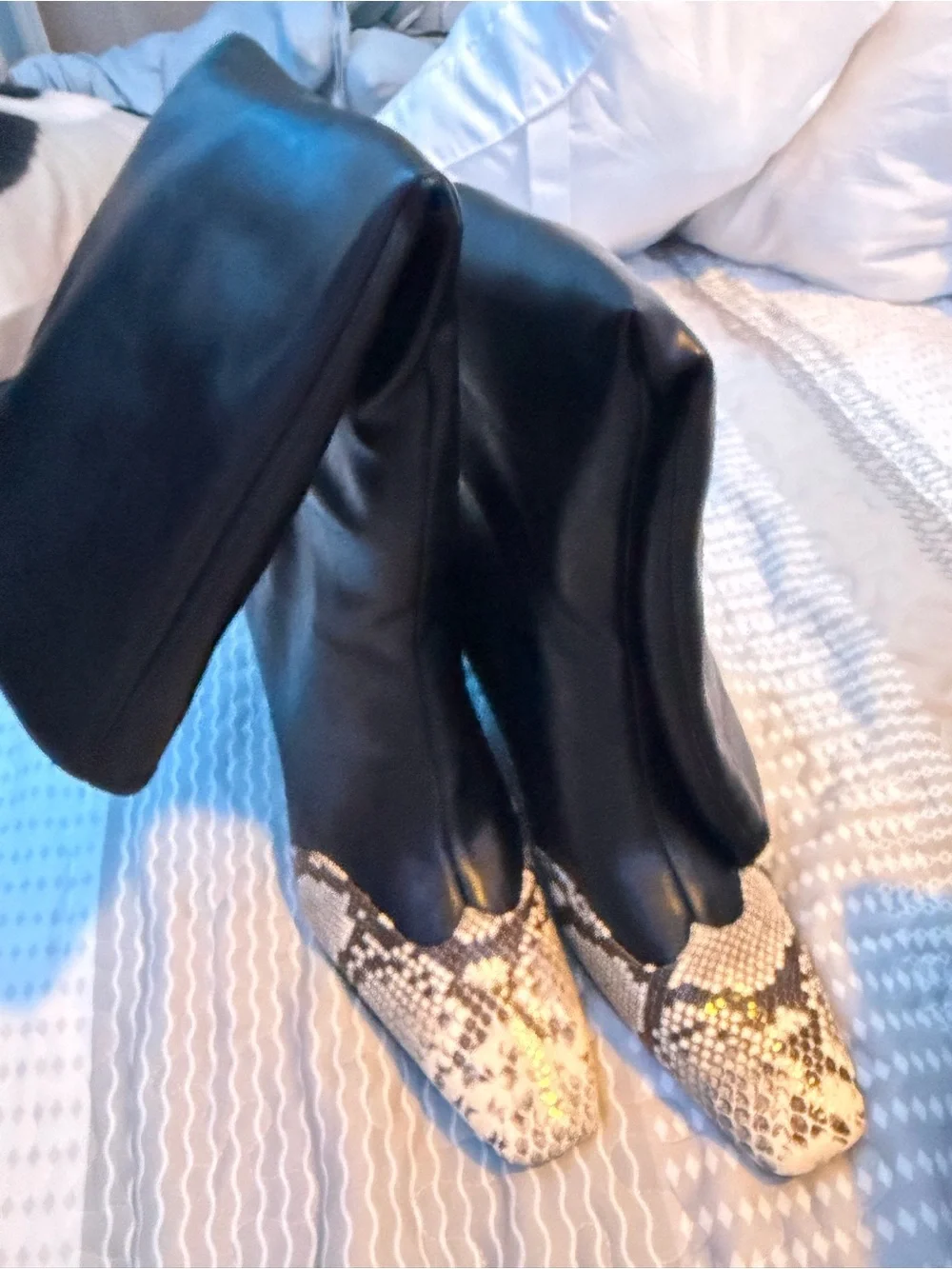 Black Knee-High Boots with Snake-Print Toe